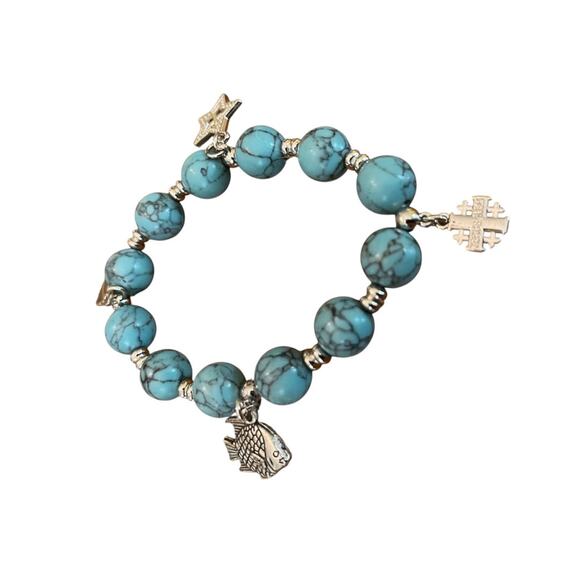 Beaded Stretch Silvertone Fish Feather Star Jerusalem Cross Bracelet Blue NWOT - Picture 7 of 12